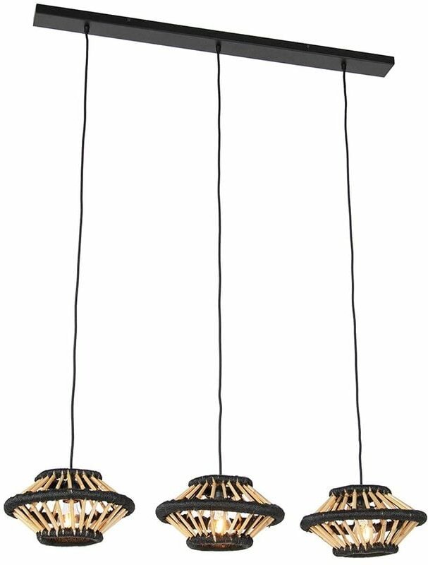 Thumbnail - Orientalische Hängelampe Bambus mit schwarzem länglichem 3-Licht - Evalin