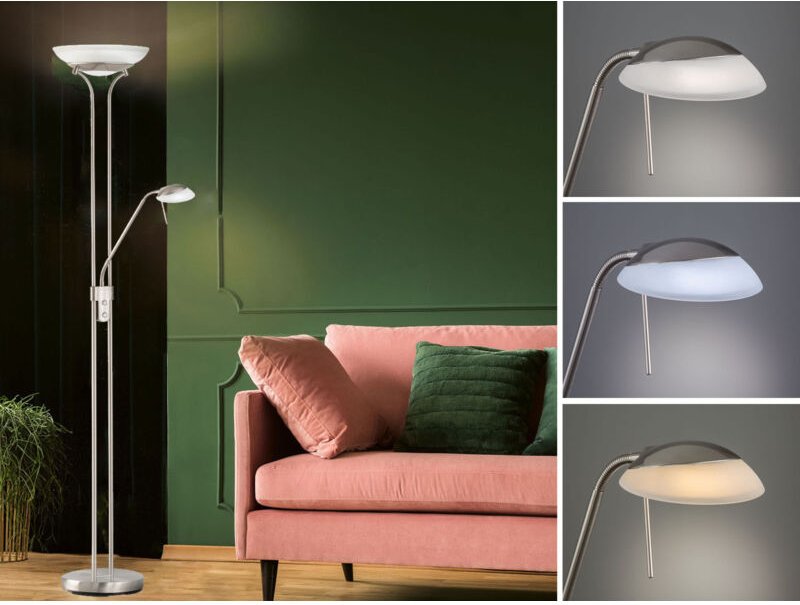 Led Deckenfluter pool Silber mit Leselampe dimmbar, Höhe 182cm