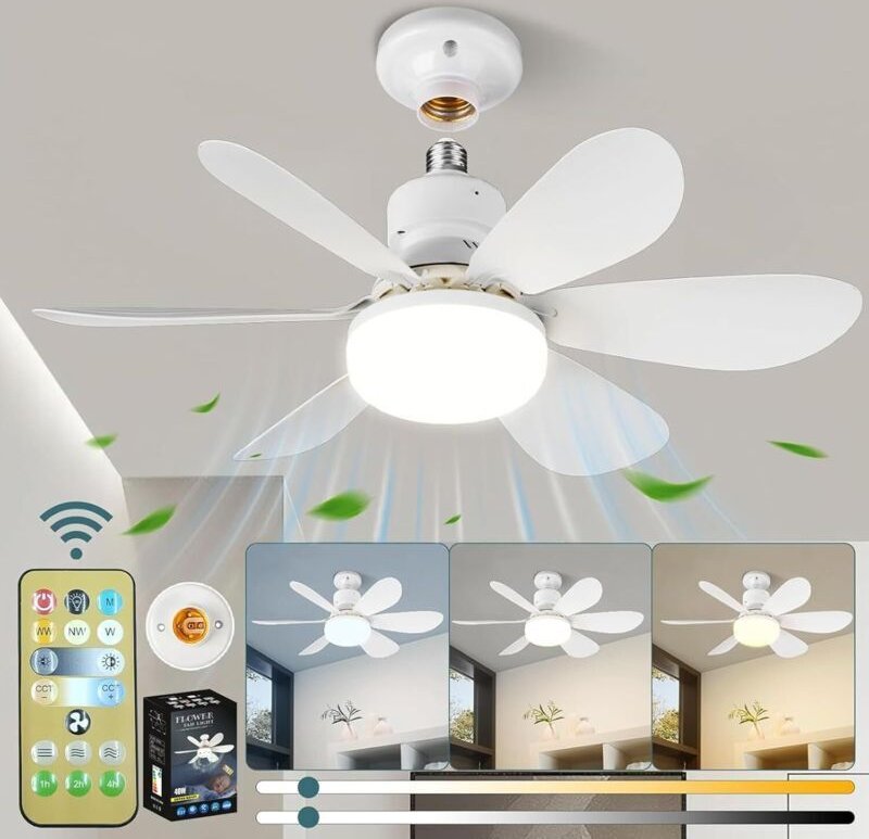 Deckenventilator, geräuscharmer Deckenventilator, 40-W-Deckenventilator mit Lampe und E27-Fassung, 6 Flügel, 3 Geschwind...