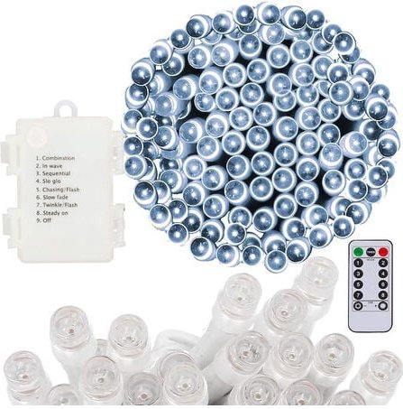 Weihnachtsbeleuchtung 100 LED-Batterielichter in Weiß, Kaltweiß mit Fernbedienung.
