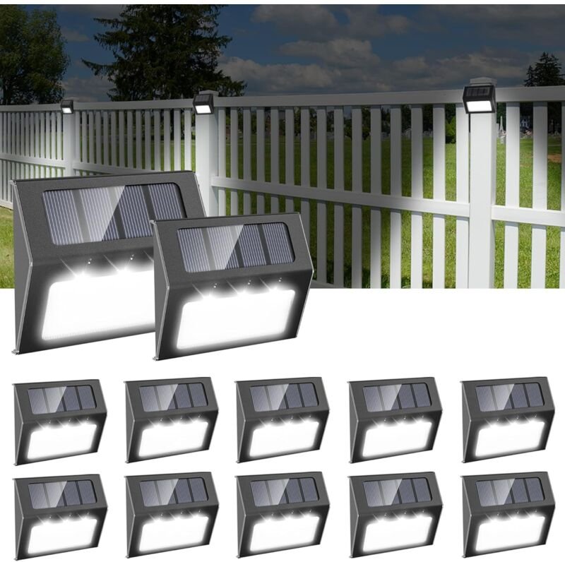 12er-Pack wasserdichte Solarleuchten für Treppen, Gehwege, Zäune, Terrassen, Gärten, Auffahrten, Kaltweiß (Schwarz)