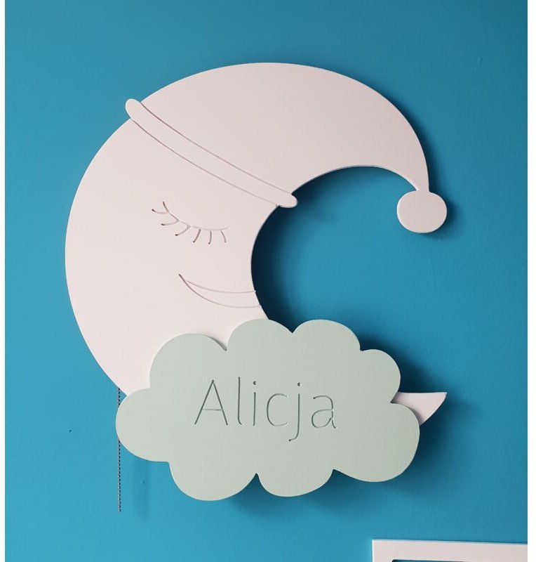 Mond- und Wolken-Nachtlampe mit Namensschild, batteriebetriebene LED