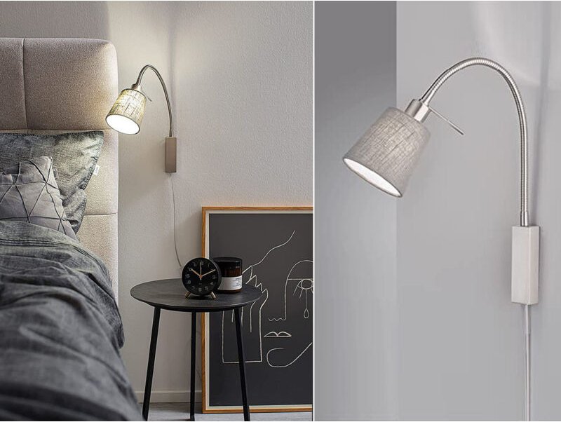 Fischer&honsel - 2in1 Wandleuchte & Bettleuchte wolke Leinen Grau mit Schwanenhals, Breite 11cm