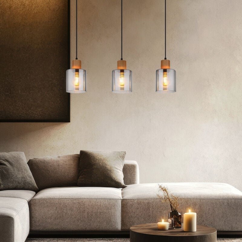 Thumbnail - Hängeleuchte Holz Retro Pendelleuchte Rauchglas Hängelampe schwarz, Höhenverstellbar, Metall, 3x 7W 806Lm warmweiß, LxBx...