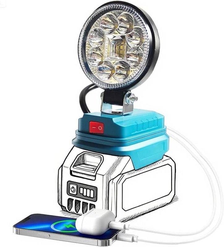 Kabellose LED-Arbeitsleuchte, tragbare Scheinwerfer-Taschenlampe für Makita 18V LXT, Akku mit USB-A-Ladeanschluss für Ca...