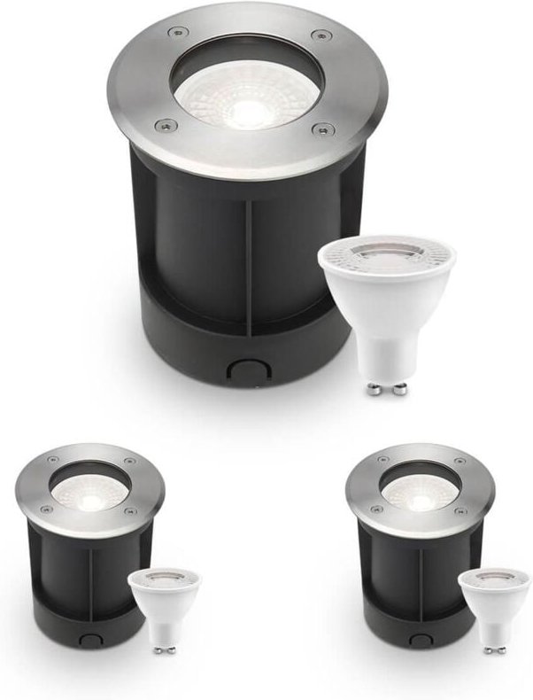 LED Bodeneinbaustrahler rund Edelstahl 230V IP67 - Leuchtmittel: GU10 4W 4000K - Anzahl: 3x