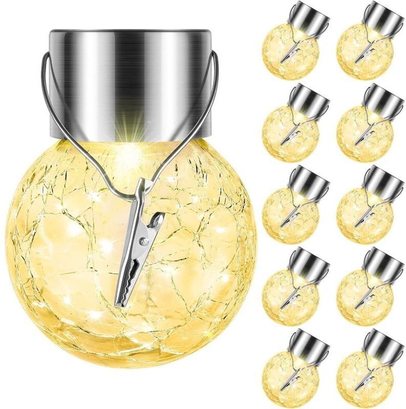 Set mit 10 hängenden Solarleuchten für den Außenbereich, dekorative Glaskugeln mit Rissmuster, wasserdichte Solarleuchte...