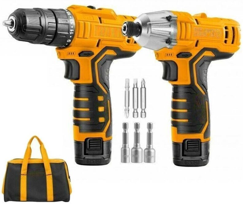 Trade Shop Traesio - Trade Shop - set bohrschrauber + schlagschrauber 2 akku 12V tasche und zubehör -