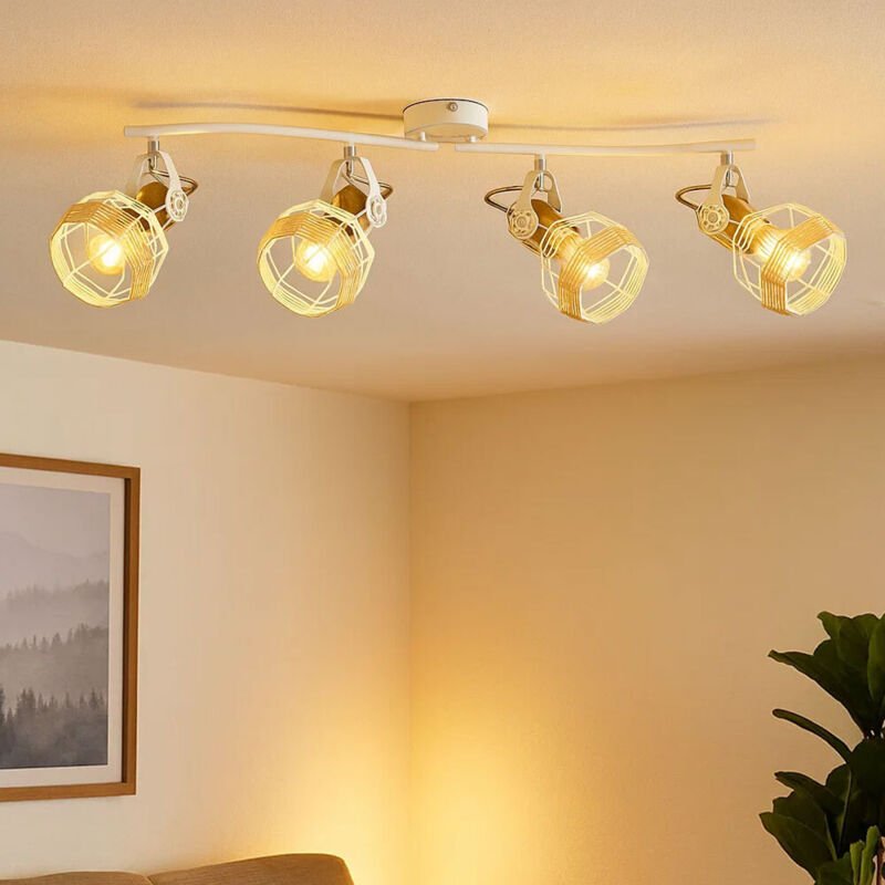 Deckenstrahler 4 Flammig Metall Deckenleuchte Holz E27 Spotbalken 4 Flammig weiss, Strahler schwenkbar, 4x E27, LxBxH 72...