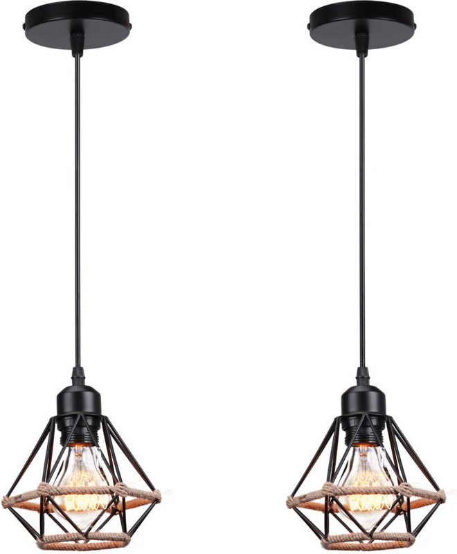 Set mit 2 industriellen Vintage-Kronleuchtern mit Diamantkäfig-Anhänger für den Innenbereich aus Metall mit Hanfseil-Eis...