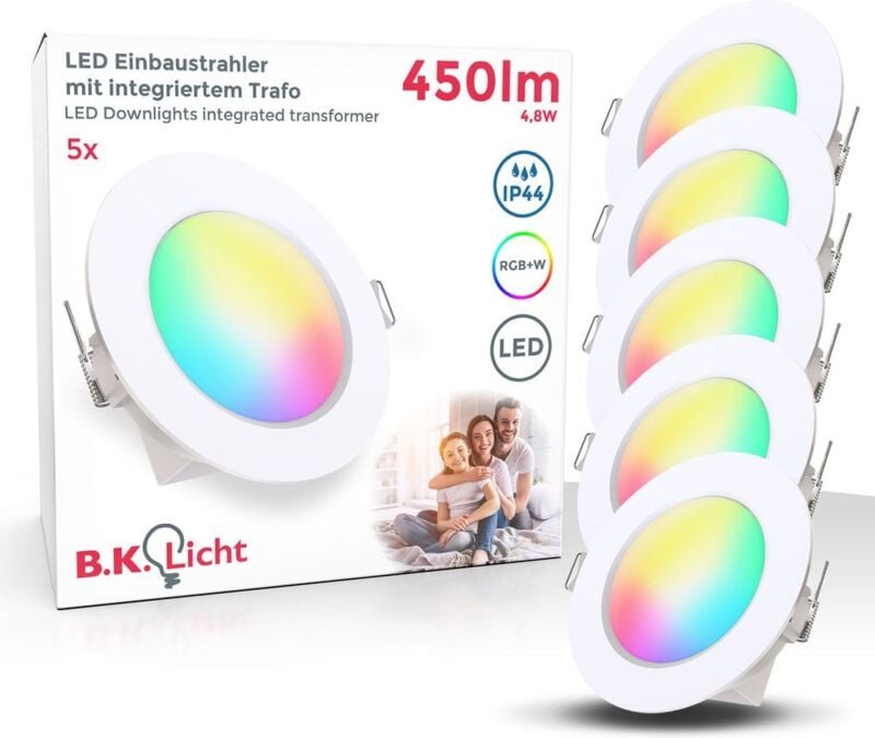 B.k.licht - Einbaustrahler 70mm 5er Set - 230V, 4,8W, 450lm, led, dimmbar, Fernbedienung, rgbw, weiß