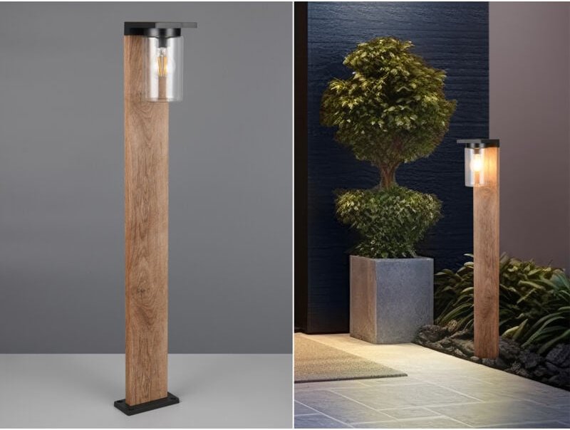 Wegeleuchte ARDILA Laterne in Schwarz & Holzoptik mit Glasschirm, Höhe 100cm