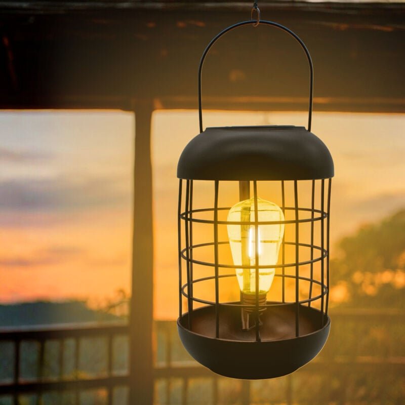 Solar Retro Metall Hängeleuchte schwarz mit led Glühbirne - 26 x 18 cm - Deko Laterne zum Hängen und Stellen warm weiß