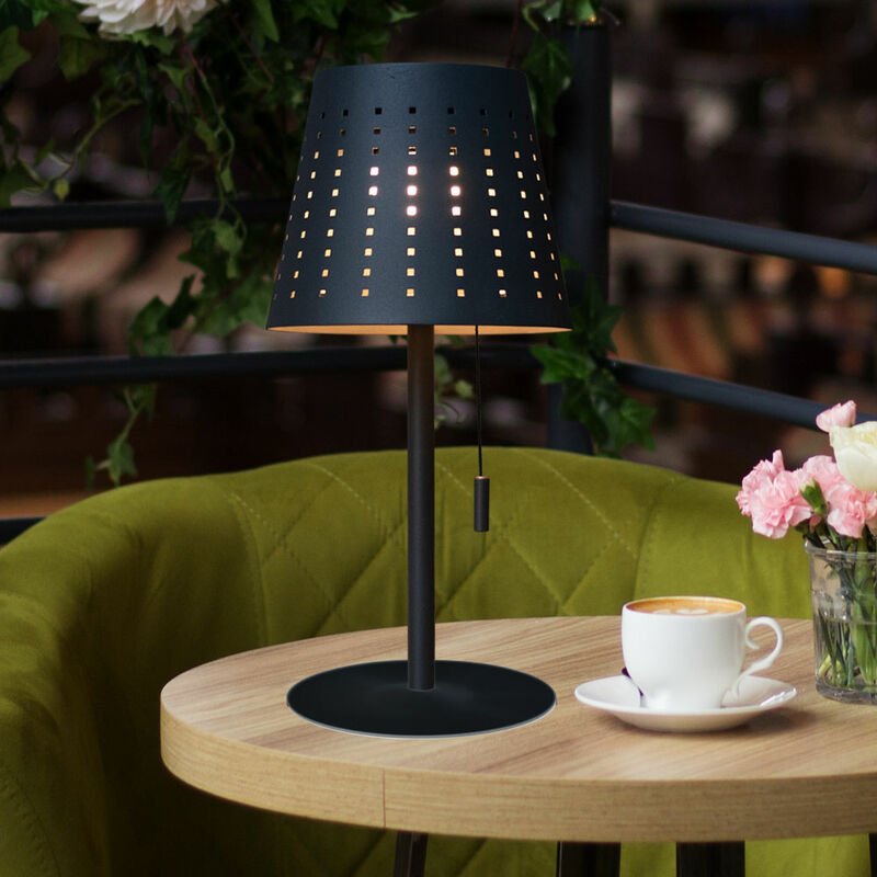 Tischlampe Solarlampe Außenleuchte Terrassenlampe, Timer usb Kabel Akku dimmbar Zugschalter IP44, anthrazit, 1x led 2W 1...