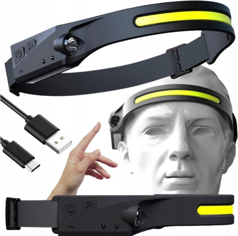 LED-Stirnlampe, Stirnlampe, COB STRAP, wiederaufladbar, USB, BEWEGUNGSSENSOR