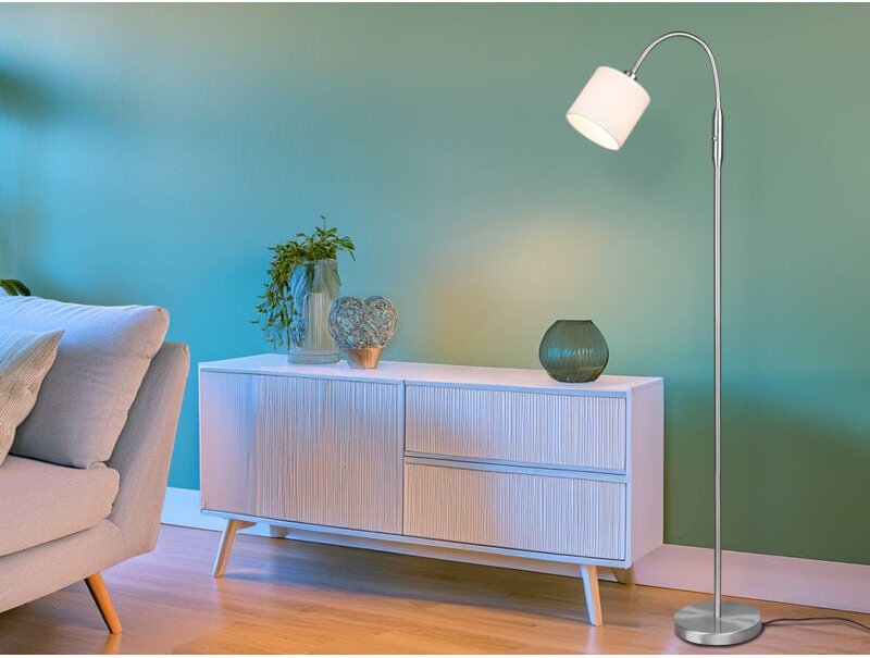 Meinewunschleuchte - Kleine led Stehleuchte Silber Stoffschirm Weiß mit Flexarm, Höhe 130cm