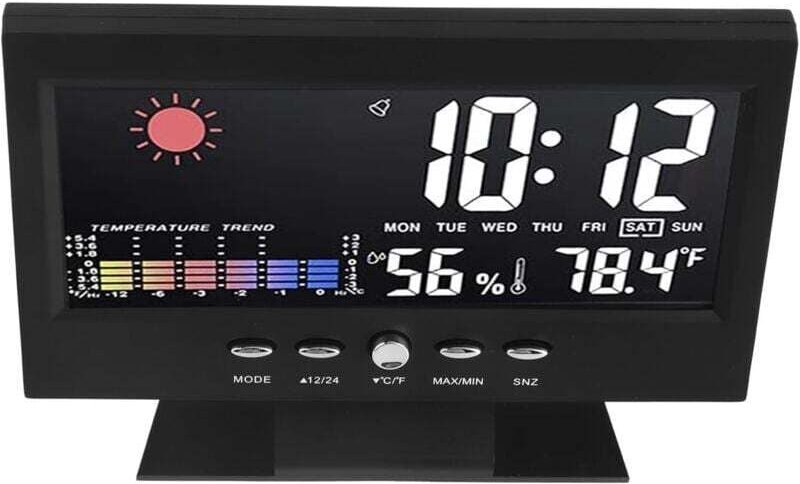 ABS-Wetteruhr mit LED-Anzeige, Farbdisplay, multifunktionaler Temperatur- und Feuchtigkeitswecker, Schwarz