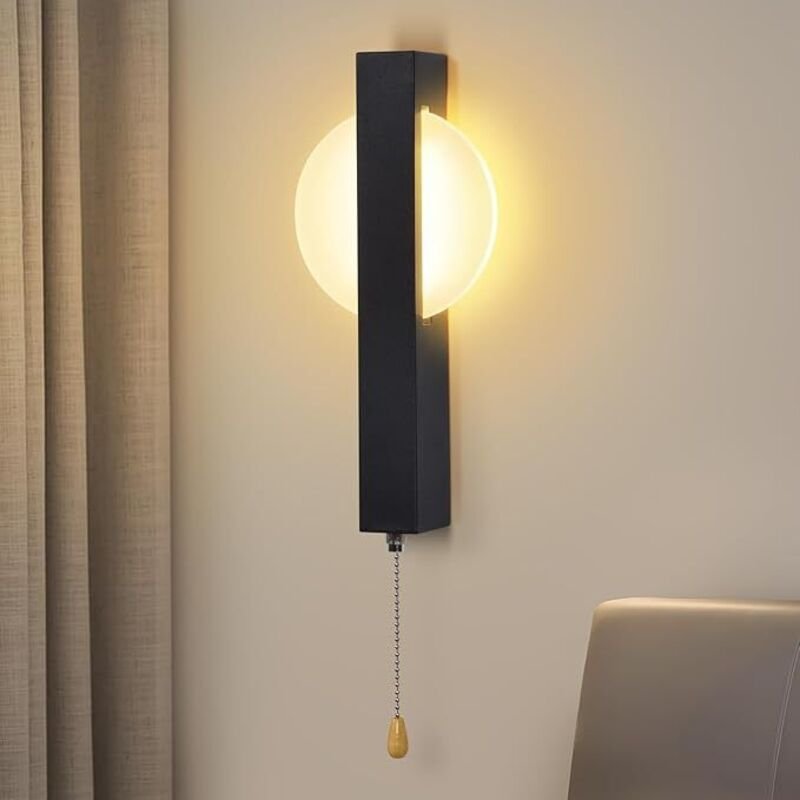 GBLY Wandleuchte LED Mit Schalter Schwarz Modern Zugschalter 3000K Warmweiß Eisen Acryl 6W Für Flur Wohnzimmer Bett