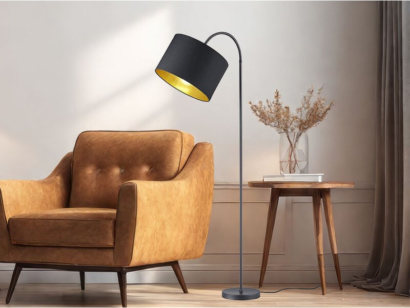 Led Stehleuchte mit Flexgelenk und textil Lampenschirm Schwarz/Gold, Höhe: 156cm