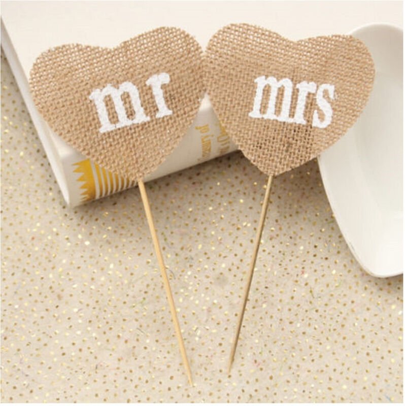 Trade Shop Traesio - Trade Shop - 2X stuzzicadenti mr mrs cuore juta cake für decorationen torte matrimony wedding -