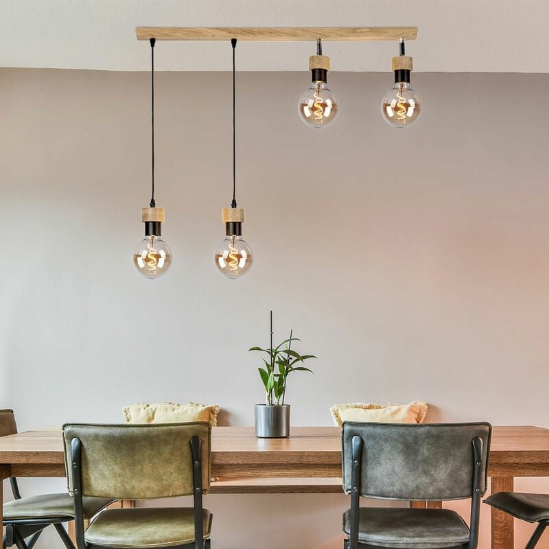 Hängeleuchte Holz Eiche Holzleuchte hängend Wohnzimmerleuchte Strahler schwenkbar, Metall schwarz, 4x E27 Fassungen, l 7...