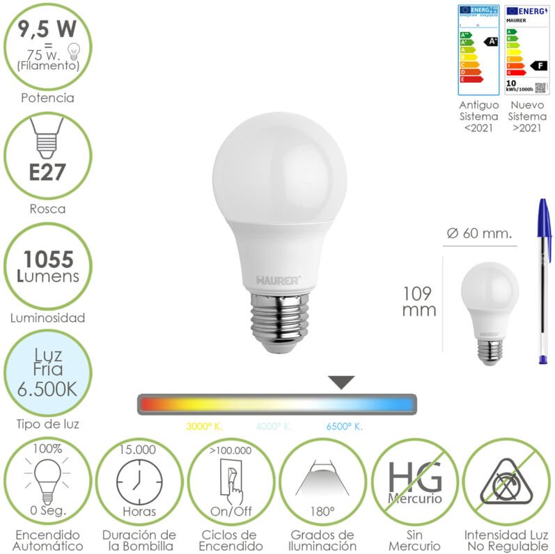 Maurer - Bombilla Led Estandar Rosca E27. 9.5 Watt. Equivale a 75 Watt. 1055 Lumenes. Luz Fría (6500º k.)
