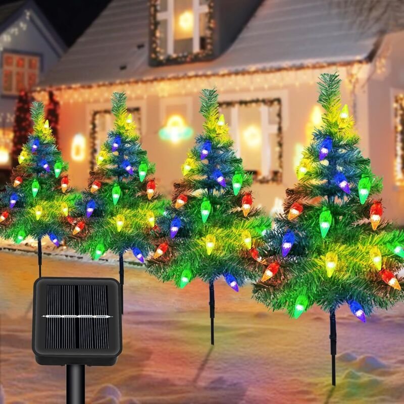 Weihnachtsbaum mit Solar-Lichterkette, 4 Tannenbäume mit Erdbeerlichtern, Solar-Gartenlampen mit 80 C6LED, Weihnachtslic...