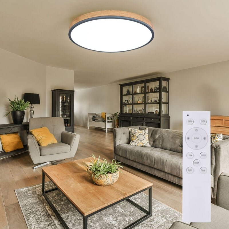 Deckenleuchte mit Fernbedienung led Deckenlampe dimmbar Wohnzimmerlampe, cct Nachtlicht, Alu Holzoptik, 1x led 40W 3500L...