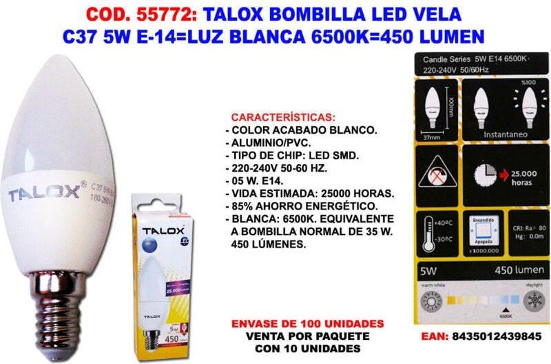 LED-Kerzenlampe C37 5W E14 Weiß 6500K 450 Lumen