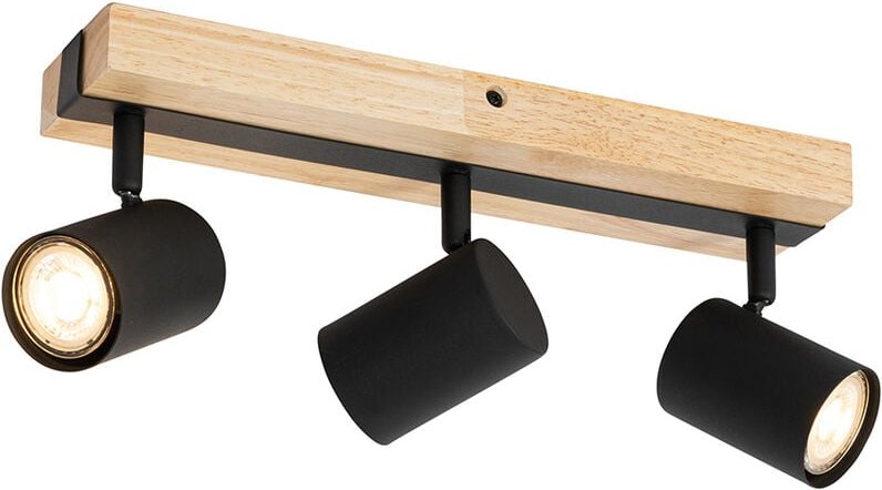 Qazqa - Deckenleuchte schwarz mit Holz 3-flammig verstellbar rechteckig - Jeana