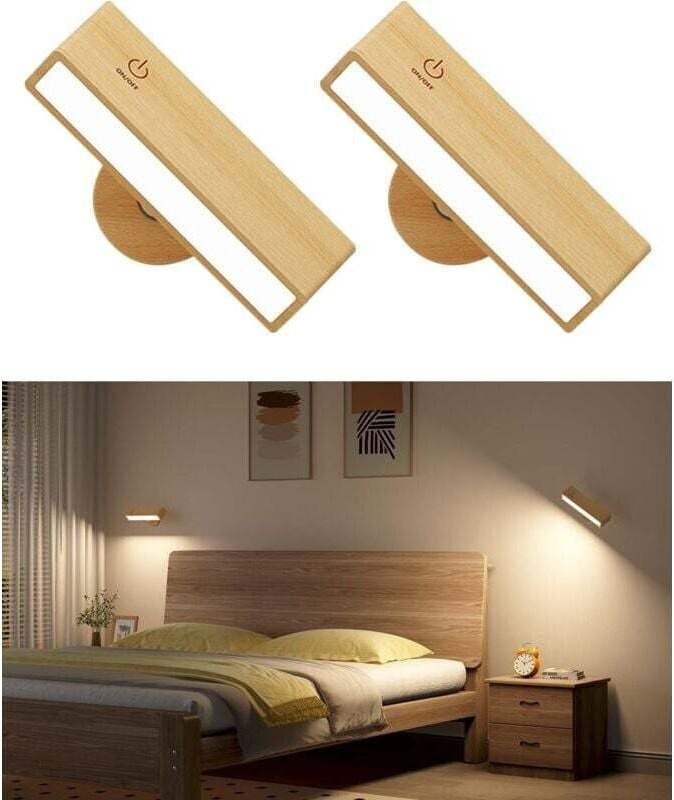 Lot de 2 Appliques Murales en Bois Rechargeable USB Lampe Sans Fil Luminosité Réglable Tactile Chambre