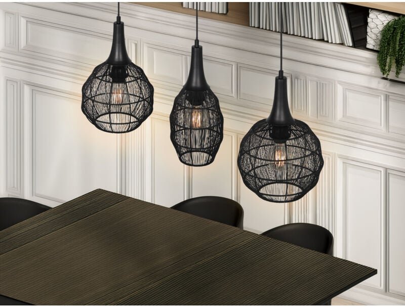 Meinewunschleuchte - led Pendelleuchte 3-flammig mit Drahtgeflecht Schwarz, Breite 86cm