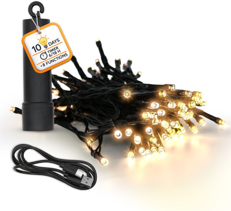 Akku Lichterkette per USB aufladbar bis 10 Tage Leuchtdauer mit Timer - 100 LED auf 7,4m - Außen Dekolicht warm weiß mit...