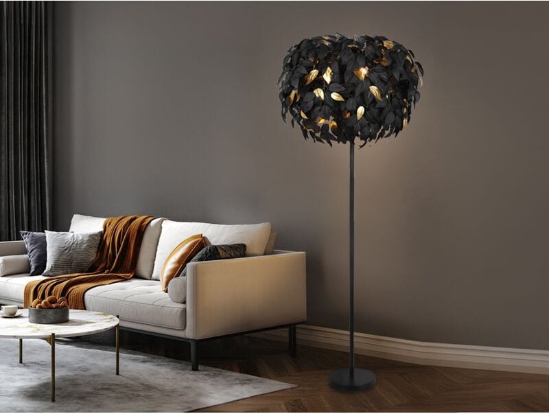 Große led Stehleuchte mit Blätter Lampenschirm Schwarz Gold, Höhe 180cm