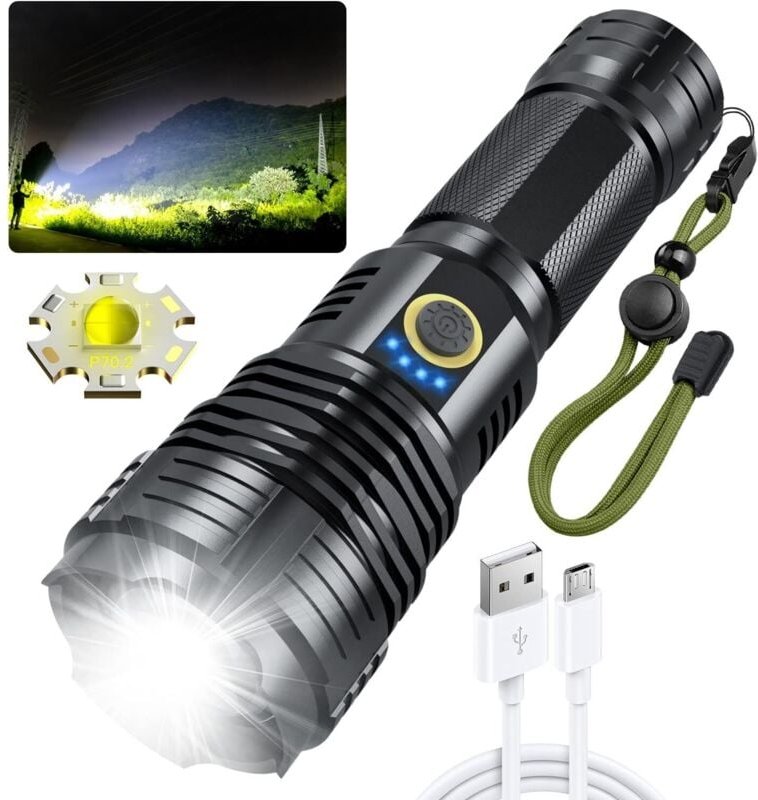 10000 Lumen LED-Taschenlampe, wiederaufladbar, 5 Leuchtmodi, für Camping