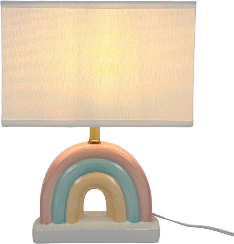 Relaxdays Tischlampe Regenbogen, Stoff & Keramik, HBT: 37 x 28 x 15 cm, Kinderzimmer, Kinderlampe, weiß/ pastell