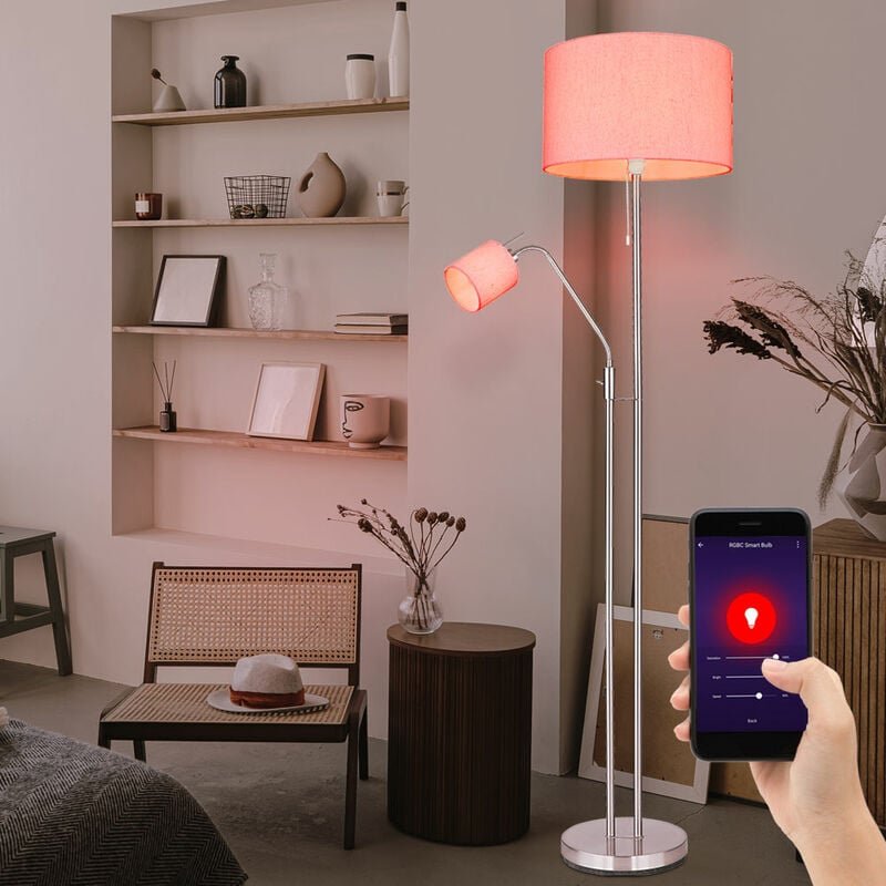 Stehleuchte Wohnzimmer Deckenfluter mit Leselampe Stehlampe Stoffschirm Zugschalter, App Steuerung, Smart RGB LED 1x 10W...