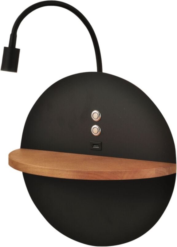 Dual - Wandleuchte mit Ablage und 15W LED-Leuchte Fabas Luce Touch Dimmer - Mattschwarz mit Holz integriertem usb