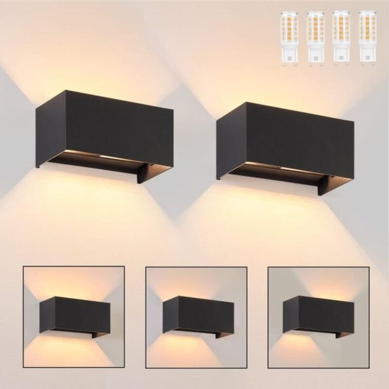 2 schwarze LED-Wandleuchten IP65, einstellbares warmweißes Licht G9, für Wohnzimmer, Garten, Terrasse