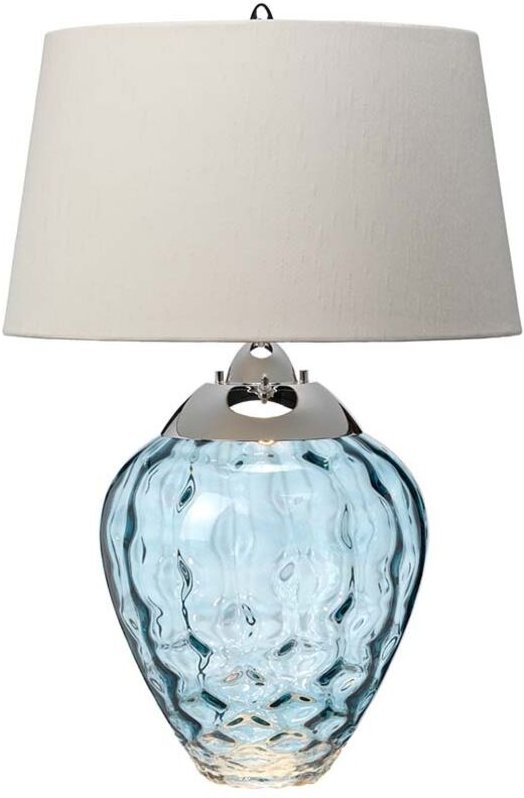 Samara Tischlampe aus Metall, poliertes Nickel, hellblaues Glas
