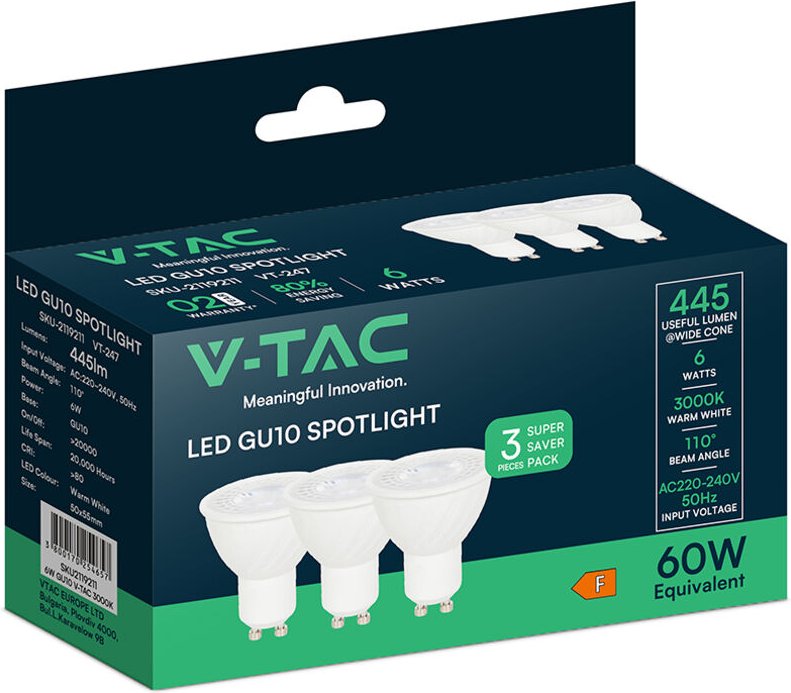 V-TAC LED-Spotleuchte – GU10 – IP20 – Weiß – 6 W – 445 Lumen – 3000 K – 3er-Pack