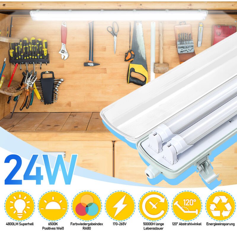 TolleTour LED Feuchtraumleuchte Badlampe Keller Wannenleuchte Tube Lamp 150cm 2 x 24W T8 Röhre Kaltweiß 6500K IP65