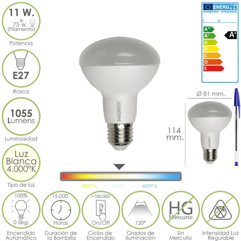 Maurer - Bombilla Led Reflectante Rosca E27 11 Watt. Equivale a 75 Watt. 1055 Lumenes. Luz Blanca (4.000º k)
