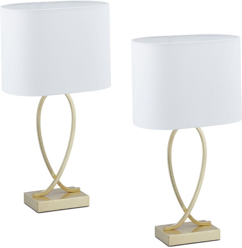 Thumbnail - Tischlampe, 2er Set, Metallfuß & Stoffschirm, E27, HxBxT: 51x28x18 cm, Nachttischlampe Schlafzimmer, gold/weiß - Relaxda...