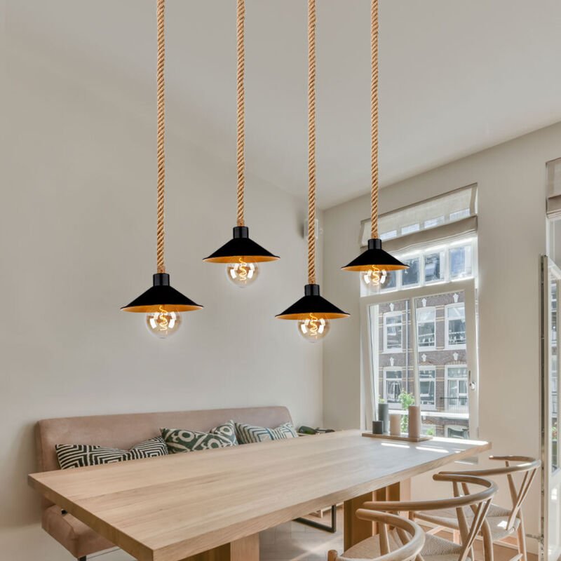Hängeleuchte Pendellampe Hanfseil Seillampe Pendelleuchte gold schwarz Landhausstil Esszimmer Höhenverstellbar, Metall, ...
