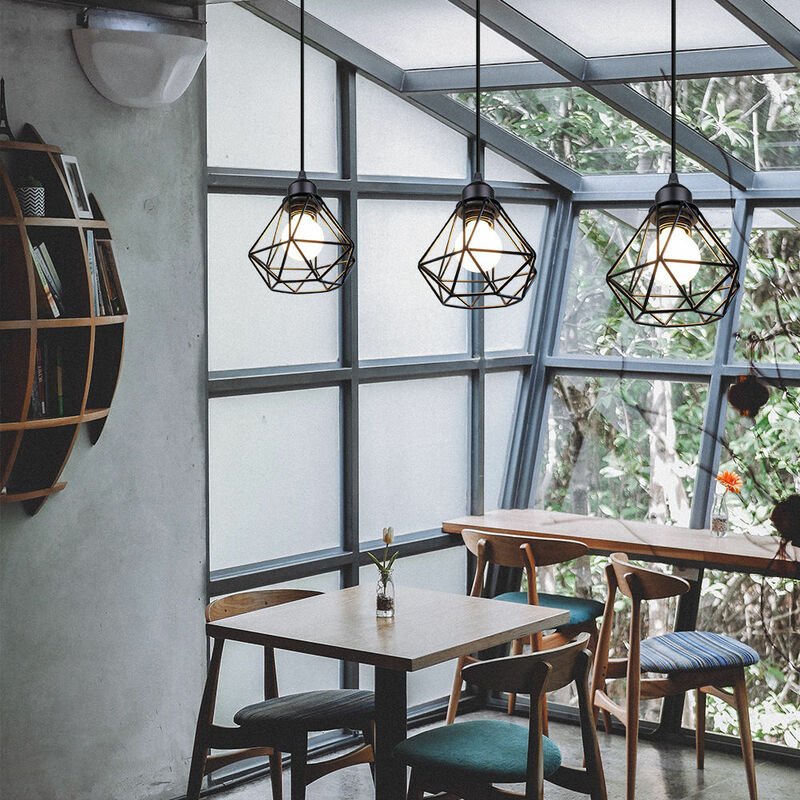 3er Pendelleuchte, Kronleuchter im Industri Stil, Antik Hängelampe mit Ø16cm Mini Diamant-Form Käfig E27 Halter für Wohn...