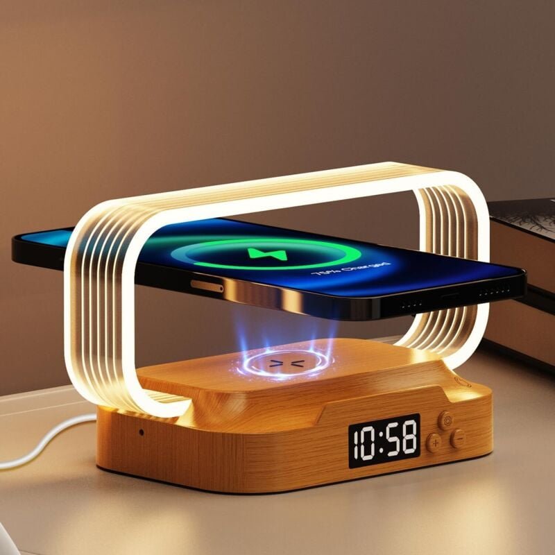 Nachttischlampe mit 15-W-Funkladegerät und Uhr, Mini-Touch-Tischlampen mit 3 Farbmodi und dimmbarer Helligkeit, Geschenk...