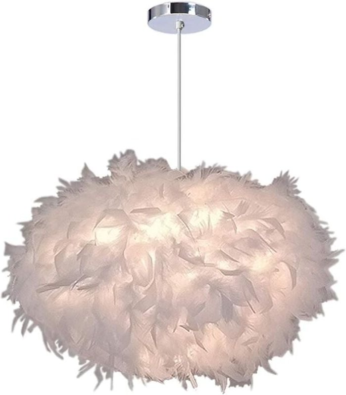 Tonchean - Moderne weiße Feder-Pendelleuchte, ovale Pendelleuchte für Schlafzimmer, Durchmesser 40 cm, Höhe 25 cm