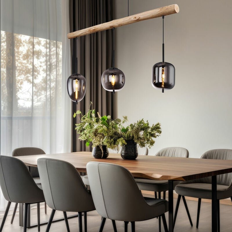 Pendellampe Holzlampe Hängeleuchte Wohnzimmerlampe rauchfarben, Metall Schwarz Glas, 3x E14 Fassung, h 130 cm