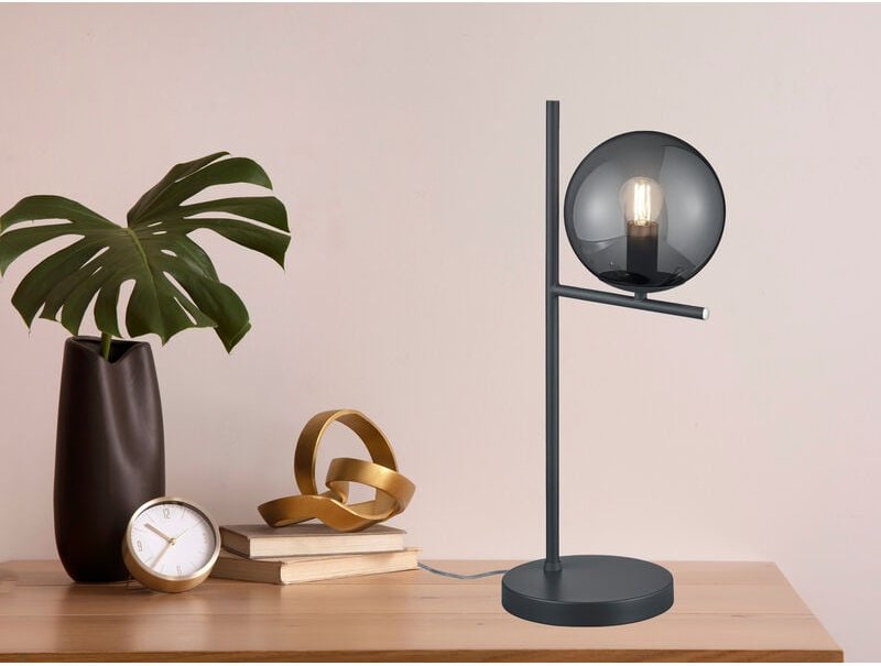 Meinewunschleuchte - Design led Tischleuchte Anthrazit Lampenschirm Glaskugel Rauchfarbig, Höhe 52cm